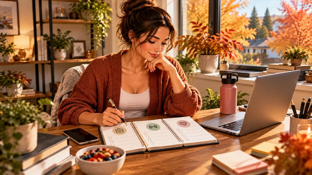 Daily planner with three priorities for work health and personal time