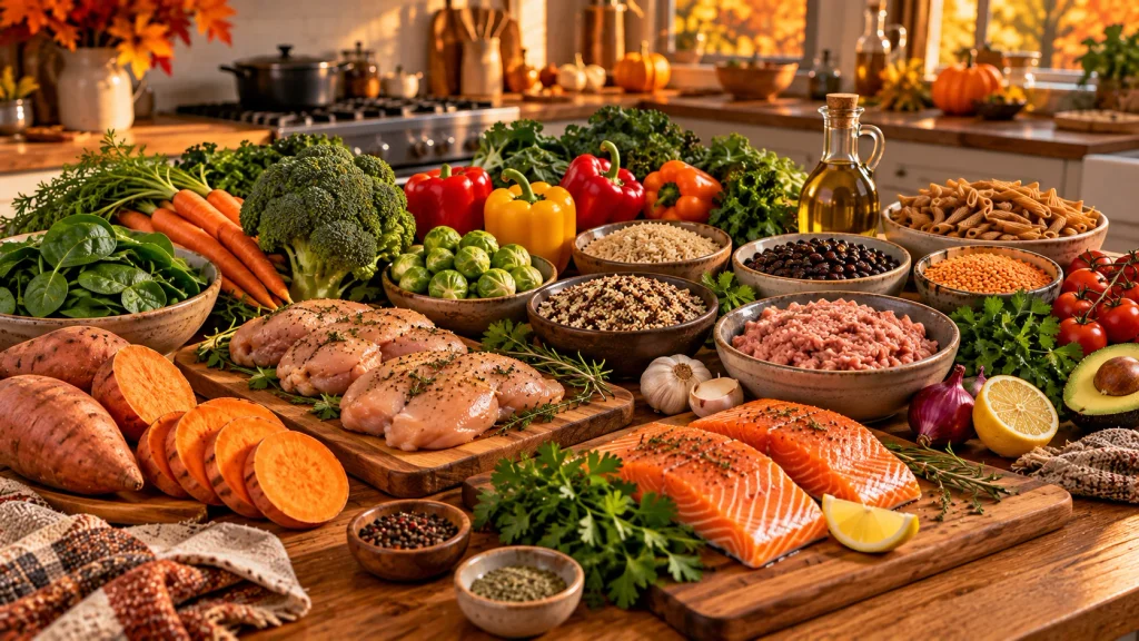 Healthy fall dinner grocery ingredients including chicken, turkey, salmon, vegetables, grains, beans and herbs.