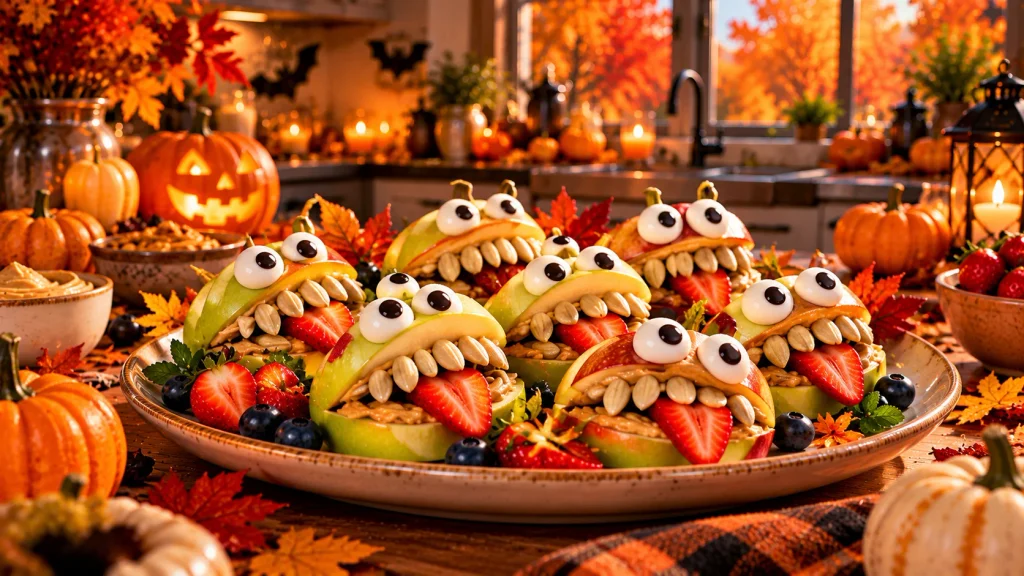 Apple monster bites with fruit and yogurt toppings styled as a fun Halloween snack.