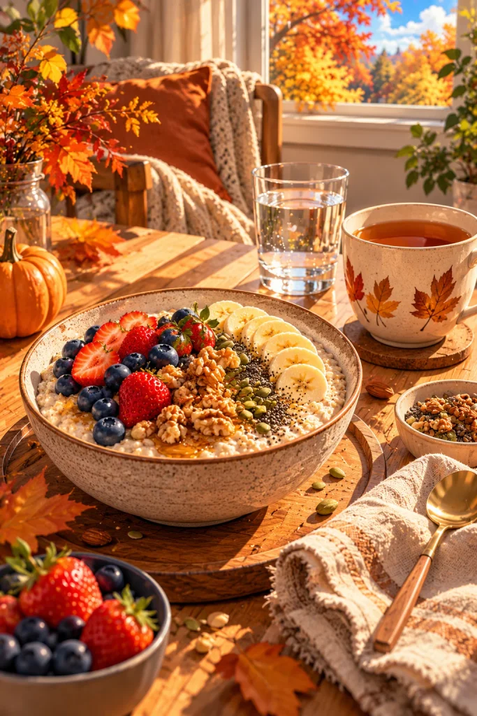 Healthy cozy fall breakfast with oatmeal, fruit, nuts and warm tea