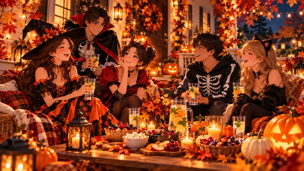 Anime-style friends enjoying a cozy Halloween gathering with glowing pumpkins, snacks, and autumn decorations.