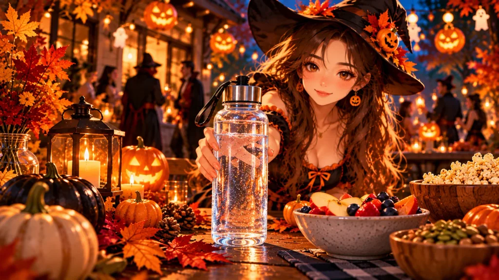 Clear reusable water bottle beside glowing jack-o'-lanterns in an anime-style autumn party scene.
