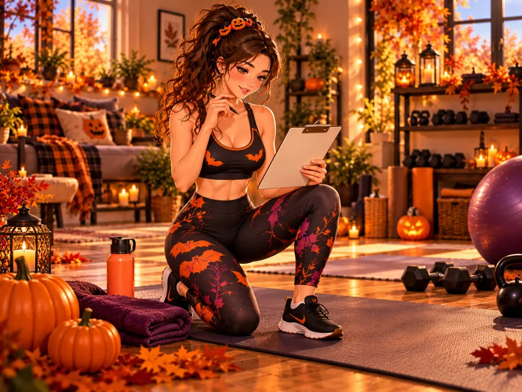 Anime-style illustration of a Halloween home workout setup with a yoga mat, water bottle, exercise checklist, and glowing pumpkins.