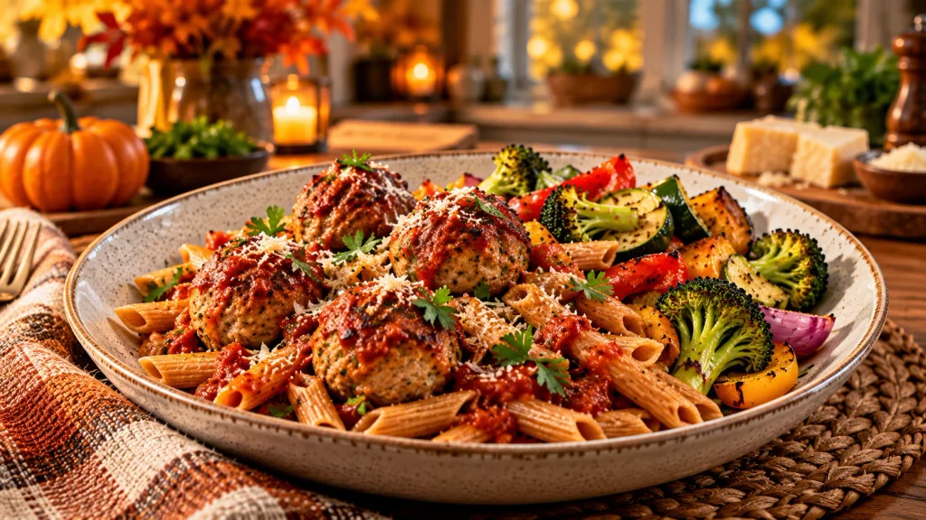 Healthy turkey meatballs with whole-grain pasta, tomato sauce and roasted vegetables.