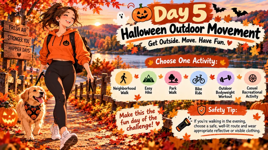 Anime-style person walking outdoors through an autumn park with subtle Halloween decorations.
