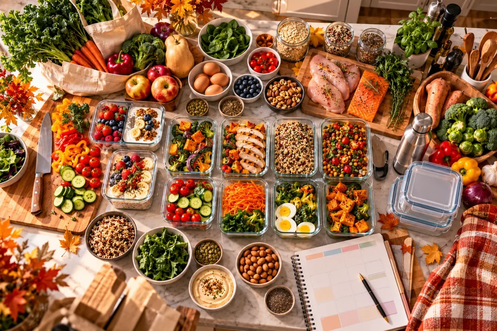 Fall meal prep checklist with healthy ingredients containers grocery items and kitchen tools