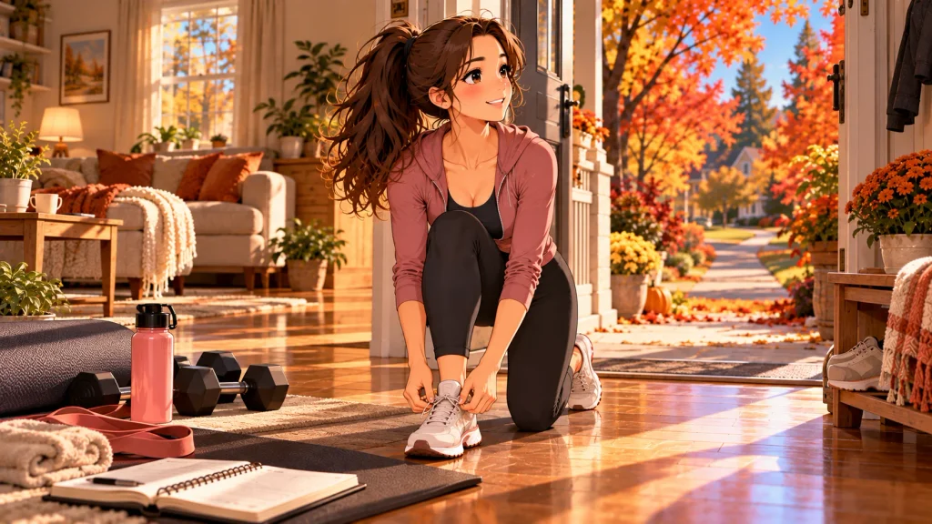 American adult following a simple fall fitness routine with walking and strength training