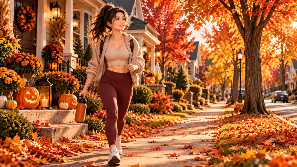 Anime-style person taking a brisk walk through an American neighborhood decorated for Halloween.