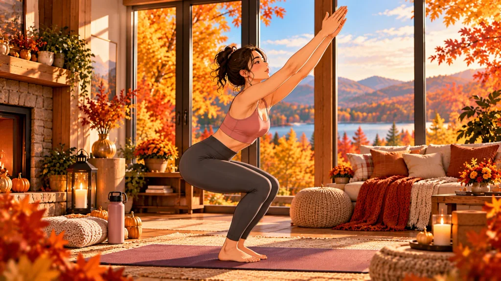 Woman practicing Chair Pose for lower-body strength during a fall yoga workout.