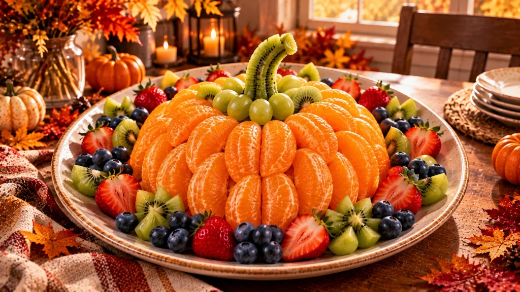Halloween fruit platter with mandarin orange segments shaped like a pumpkin and green grapes forming the stem.