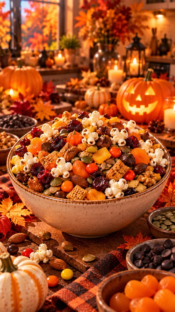 Halloween trail mix with nuts, seeds, dried fruit, popcorn, whole-grain cereal, and dark chocolate.