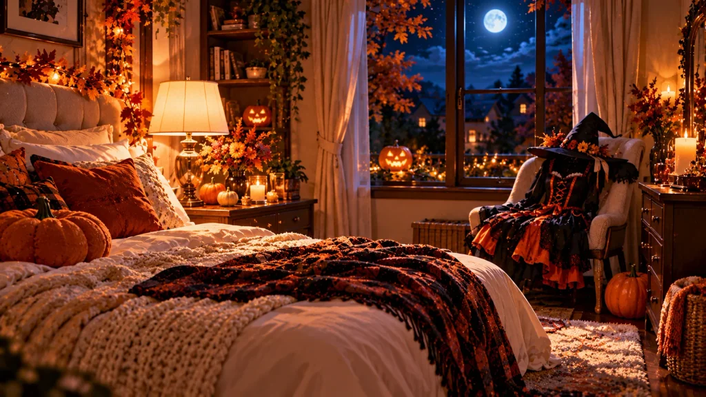 Peaceful anime-style autumn bedroom with a prepared Halloween costume and warm bedside lamp.
