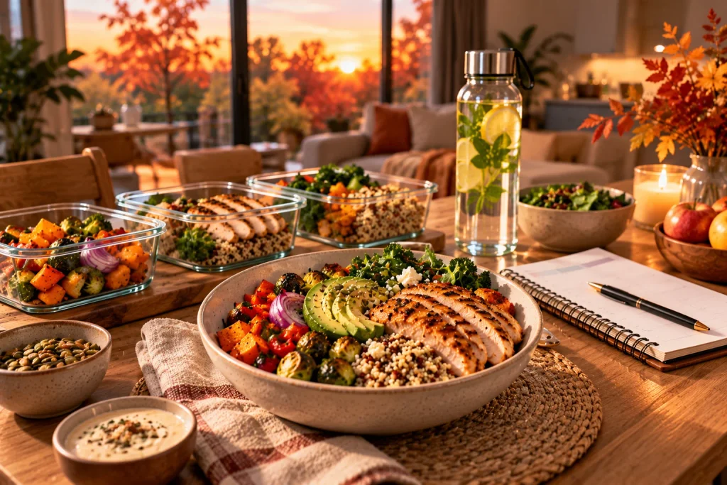 Balanced healthy fall dinner with roasted vegetables whole grains and protein