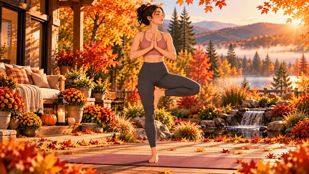 Woman practicing Tree Pose for balance and stability in an autumn garden.