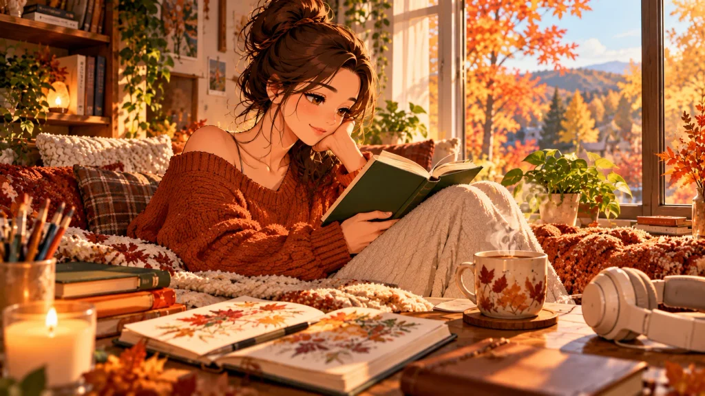 American adult enjoying a relaxing hobby during a cozy fall weekend