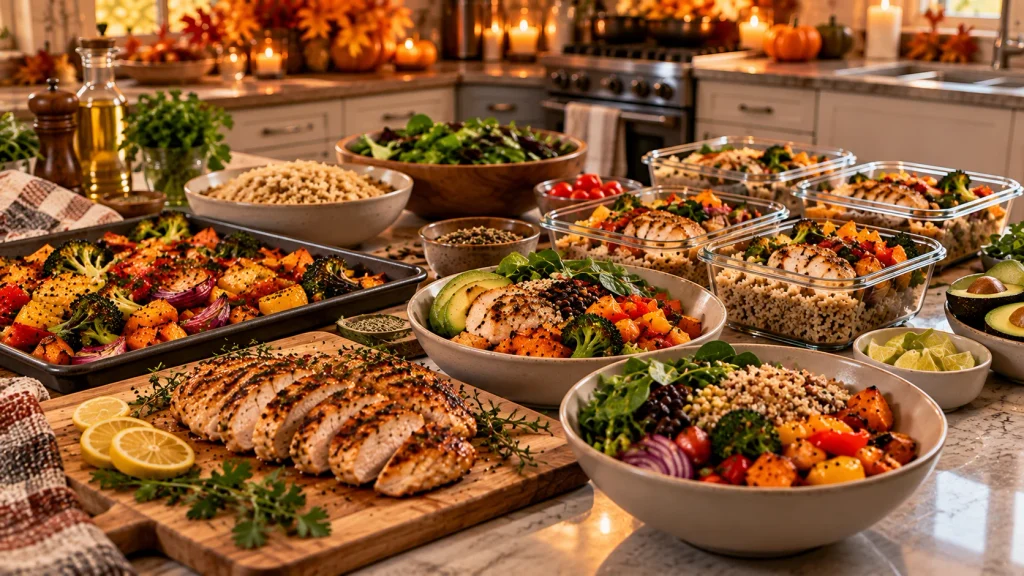 Healthy fall meal planning with prepared chicken, vegetables, rice and reusable food containers.