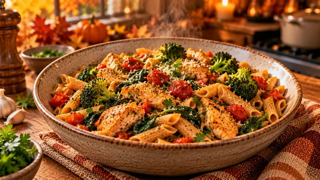 One-pot chicken and vegetable pasta with spinach, tomatoes, broccoli and garlic.
