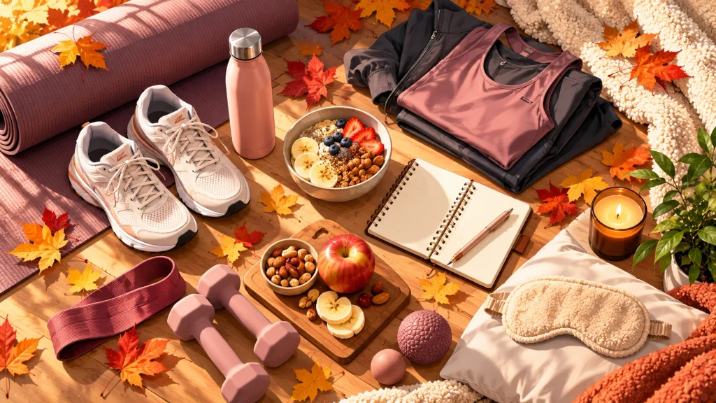 Fall fitness recovery essentials including walking shoes, water bottle, yoga mat, and healthy snack.