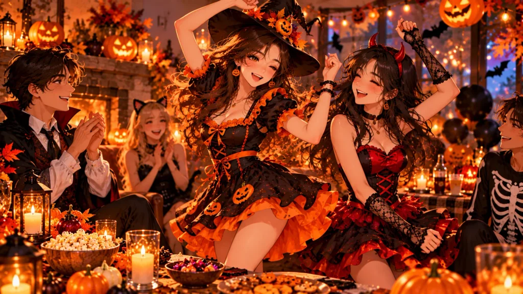 Anime-style friends dancing together at a Halloween party with pumpkins and autumn decorations.