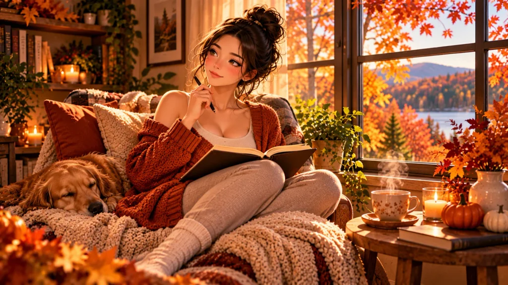 Peaceful fall mental reset with journaling and mindful relaxation