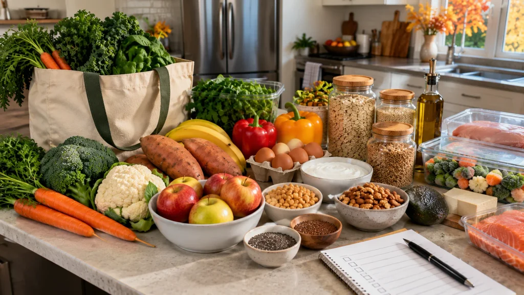 Organized fall grocery staples including produce, protein, grains, healthy fats, and pantry foods.