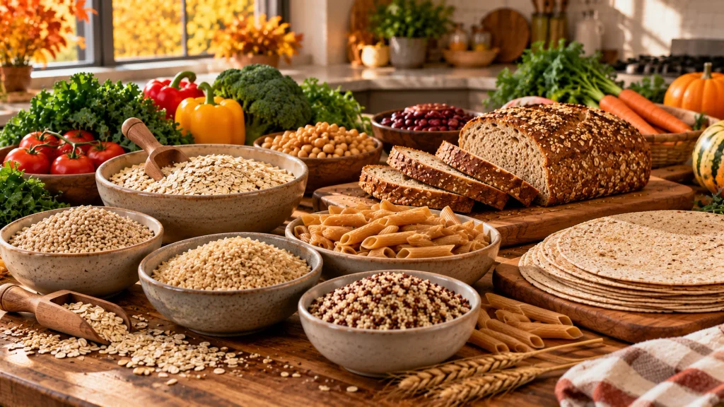 Whole-grain grocery staples including oats, quinoa, brown rice, barley, bread, tortillas, and pasta.