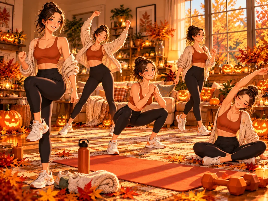 Anime-style Halloween fitness scene with an exercise mat, walking shoes, water bottle, and autumn decorations illustrating a 31-minute activity plan.