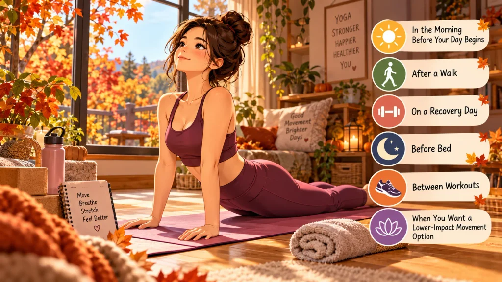 Fall yoga routine for beginners in a cozy American home studio.