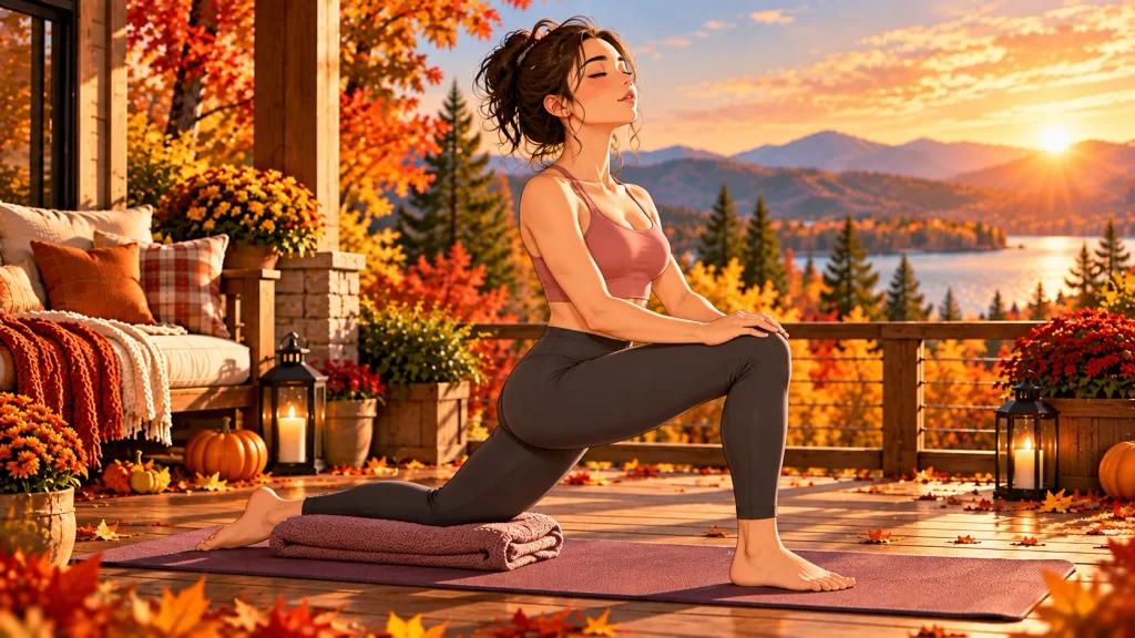 Woman practicing Low Lunge for hip mobility during an outdoor fall yoga routine.