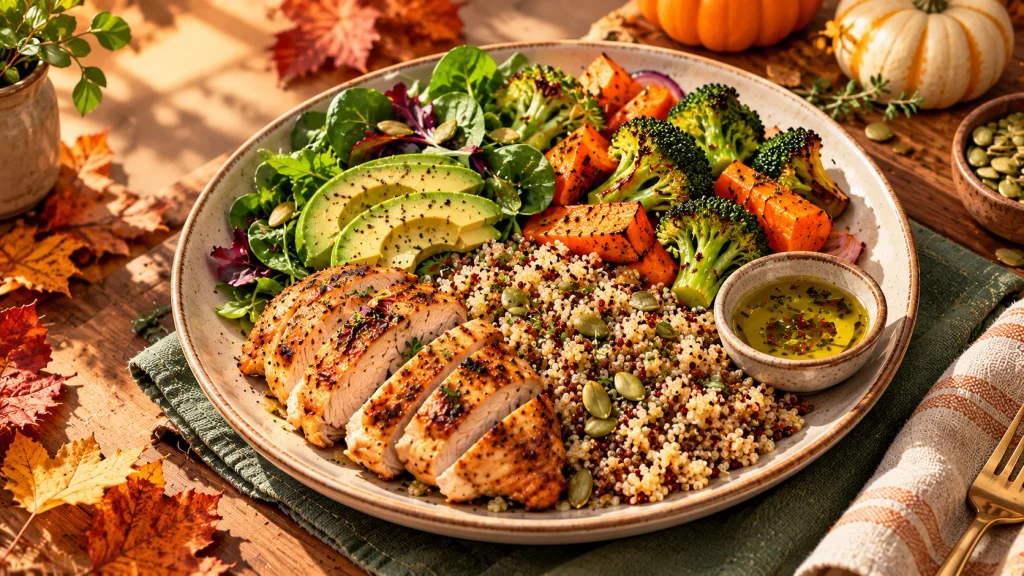 Balanced fall lunch with grilled chicken, quinoa, roasted broccoli, carrots, avocado, and pumpkin seeds.
