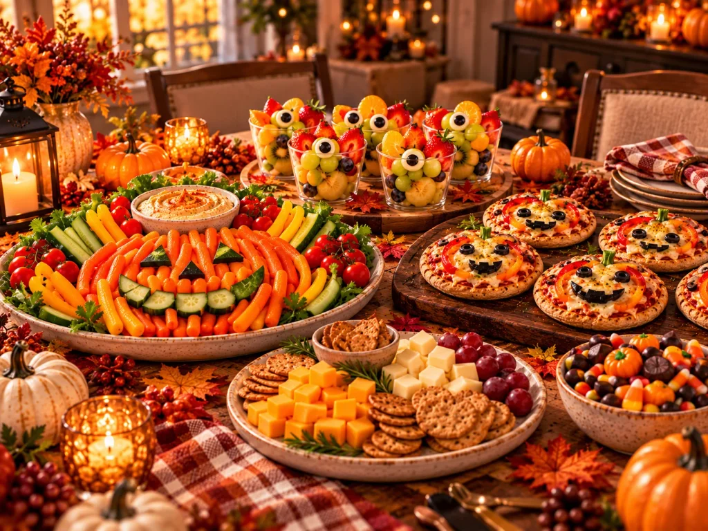 Easy Halloween party menu featuring a vegetable platter with hummus, fruit cups, mini pizzas, cheese crackers, and Halloween treats.