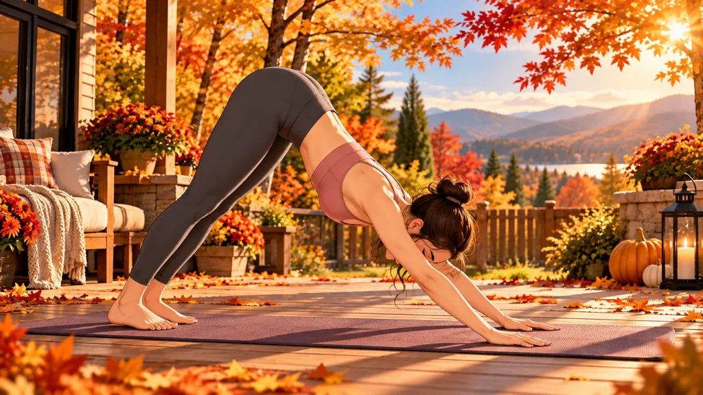 Woman performing Downward-Facing Dog on a yoga mat outdoors among autumn leaves.