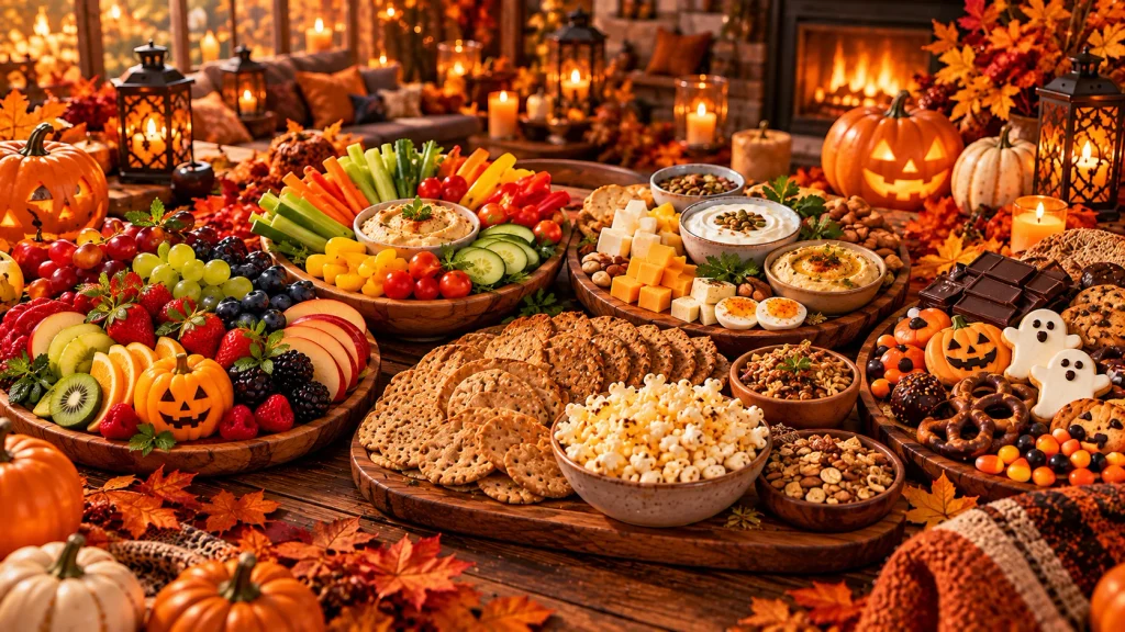 Balanced Halloween snack table with fruit, vegetables, protein-rich foods, whole grains, popcorn, and treats.