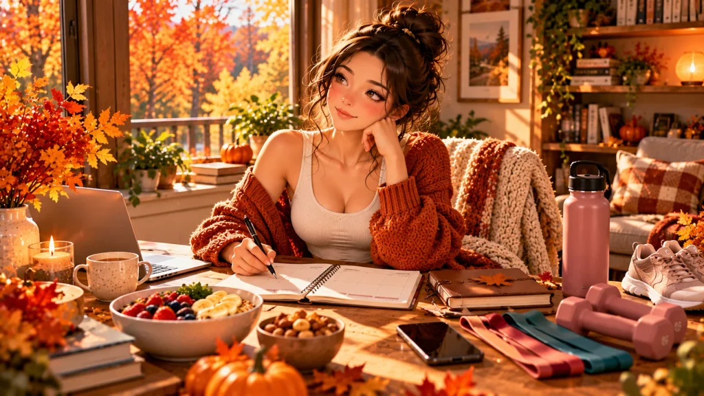 Woman planning simple November wellness goals during fall