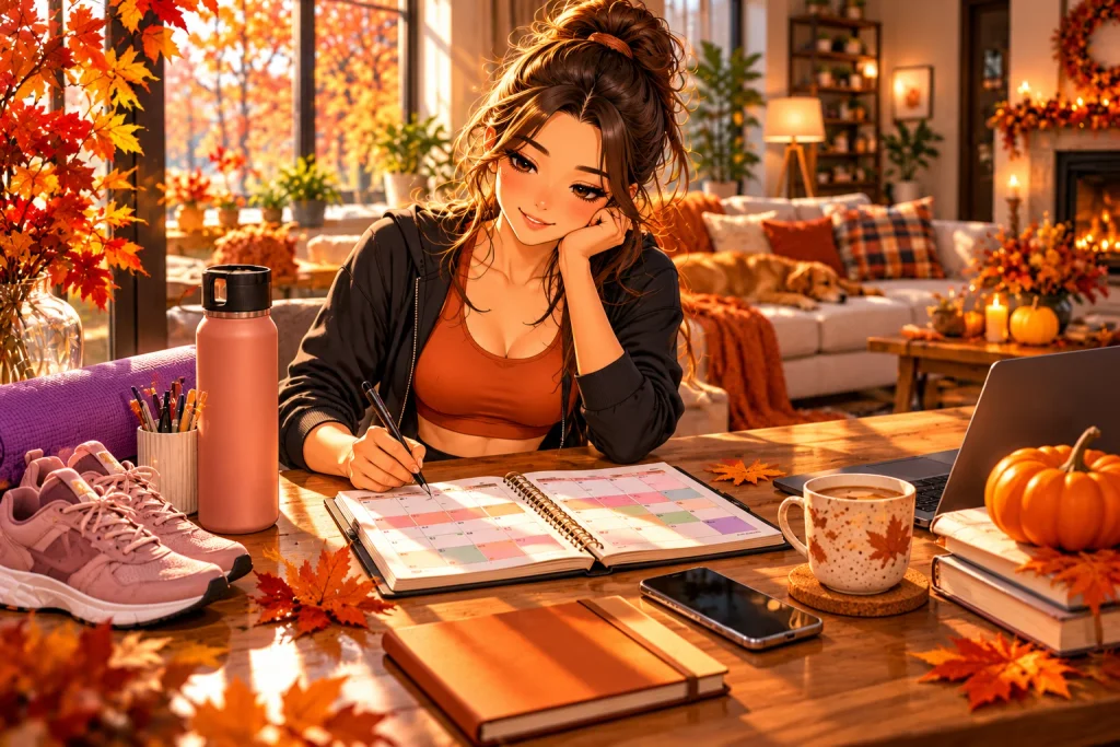 Woman planning her weekly home fitness routine in an autumn-themed setting.