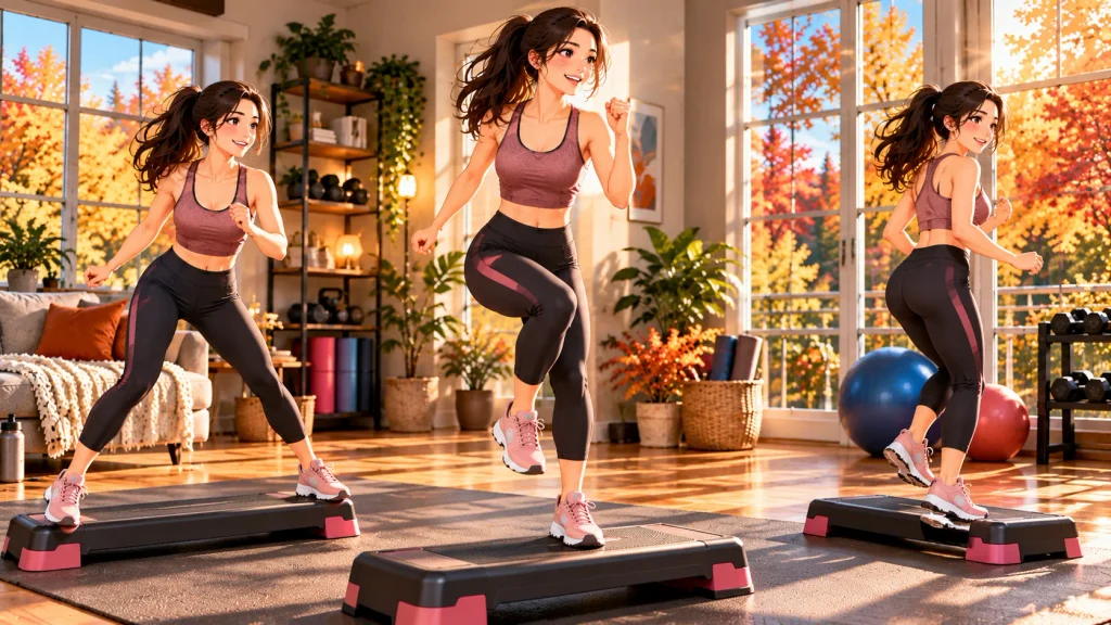 Anime-style beginner performing low-impact step exercises at home without jumping.