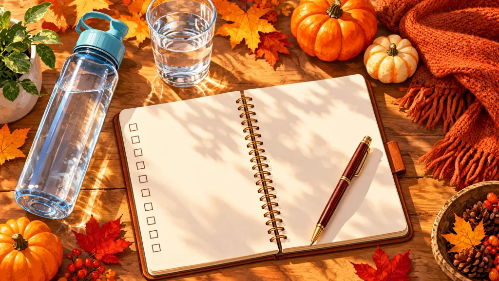 Autumn wellness checklist notebook beside a reusable water bottle, pen, pumpkins, and maple leaves.