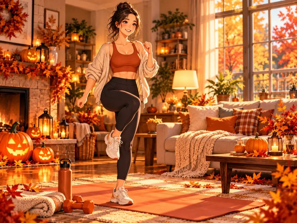 Woman marching gently beside an exercise mat in a cozy American home for a beginner-friendly Halloween movement challenge.