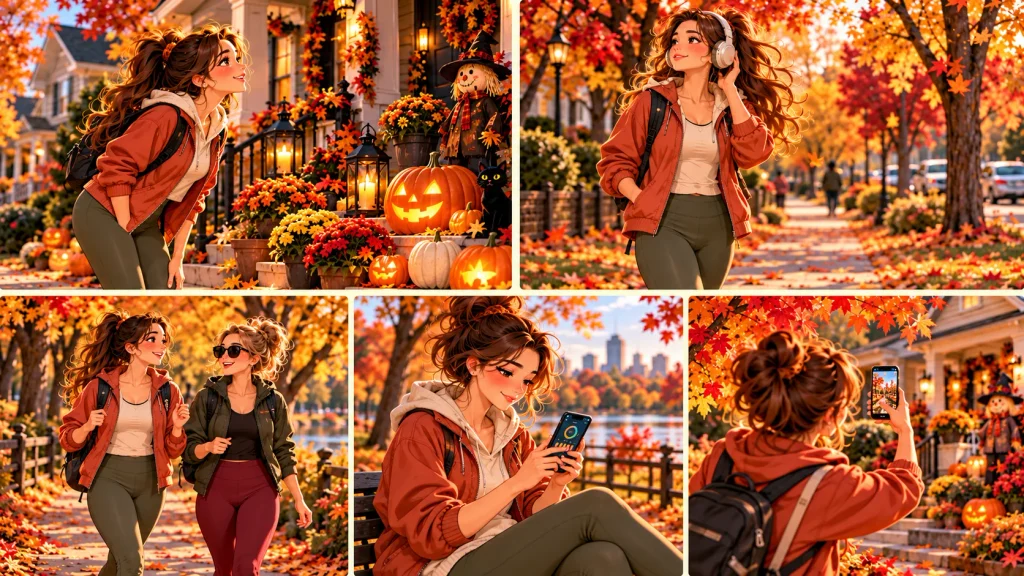 Five anime-style illustrations showing fun October walking activities, including Halloween decorations, friends, fitness tracking, and fall photography.