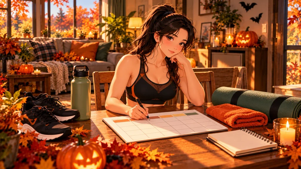 Anime-style woman planning her next week of workouts at a table in a cozy American home during fall.