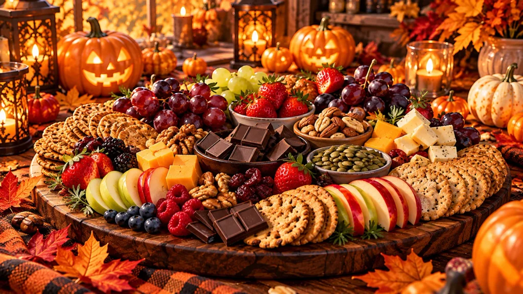 Dark chocolate, fresh fruit, nuts, cheese, and whole-grain crackers on a Halloween snack board.