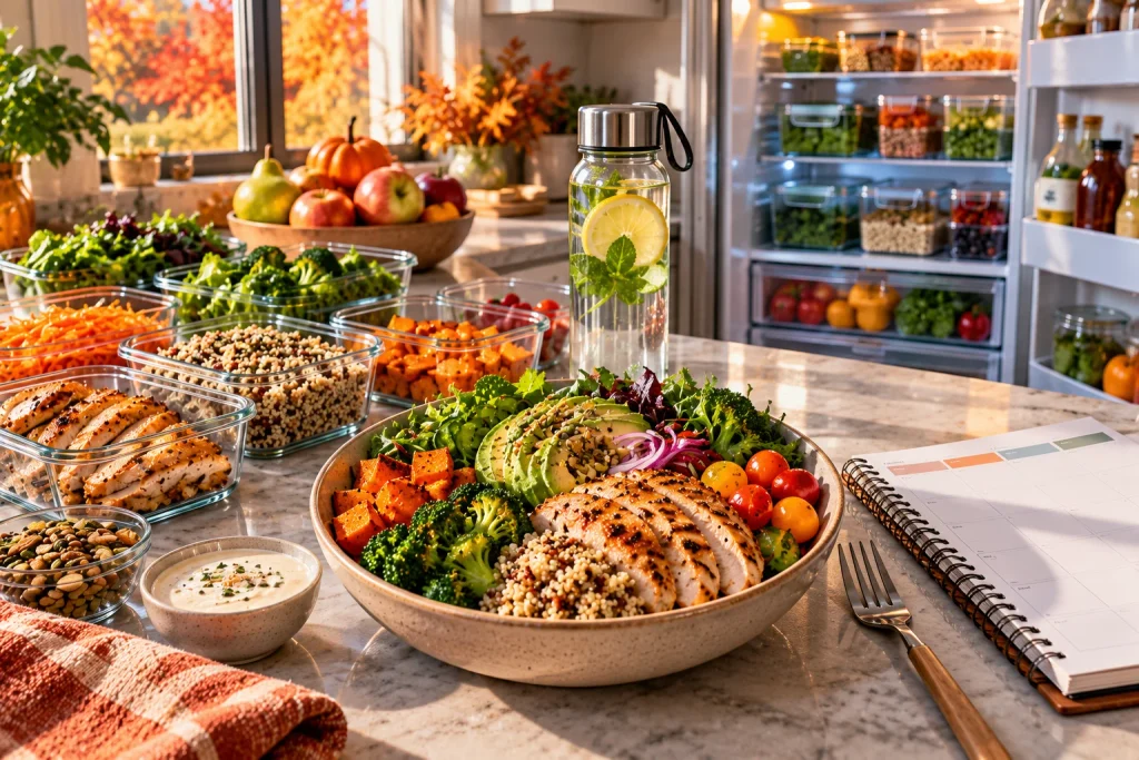 Balanced meal prep bowl with protein vegetables whole grains and healthy fats