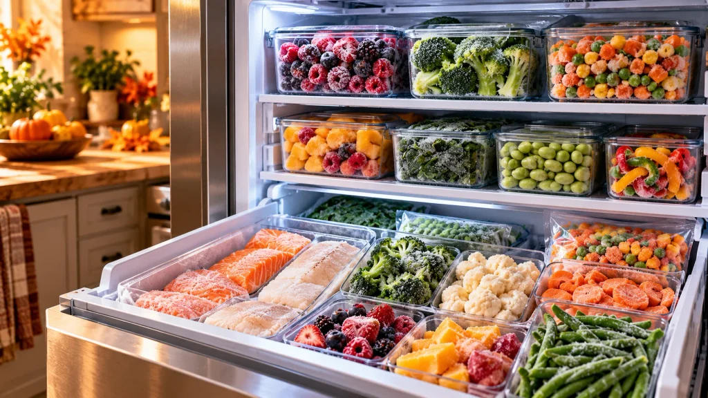 Healthy freezer staples including frozen berries, broccoli, spinach, mixed vegetables, edamame, and fish.