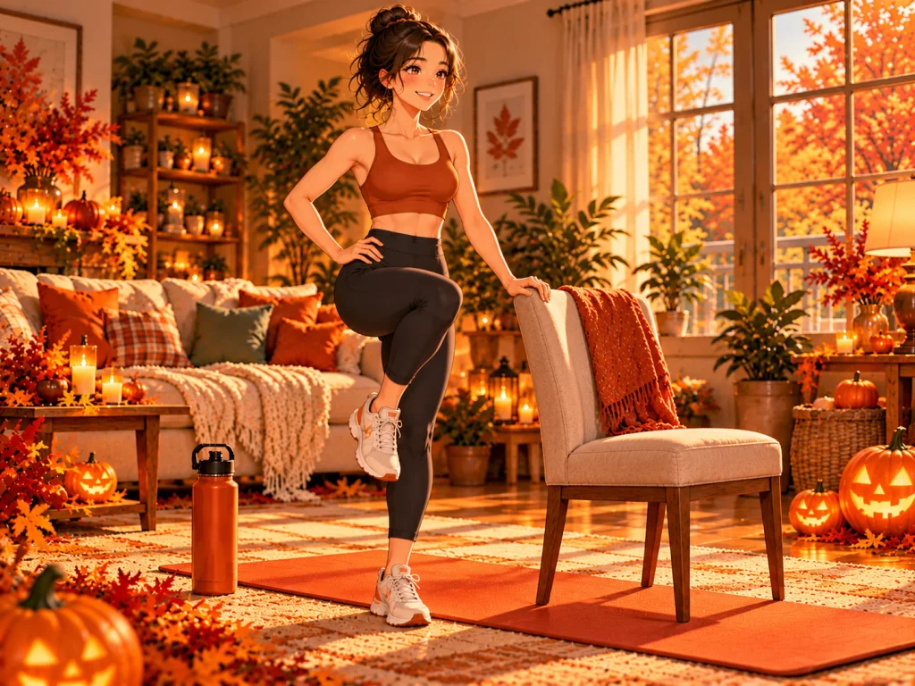 Woman preparing for a low-impact beginner workout beside a sturdy chair and exercise mat in a cozy Halloween-themed home.