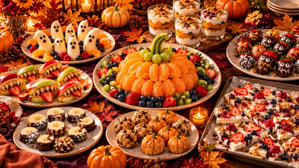 Festive Halloween dessert table with colorful fruit, yogurt parfaits, chocolate treats, and autumn decorations.
