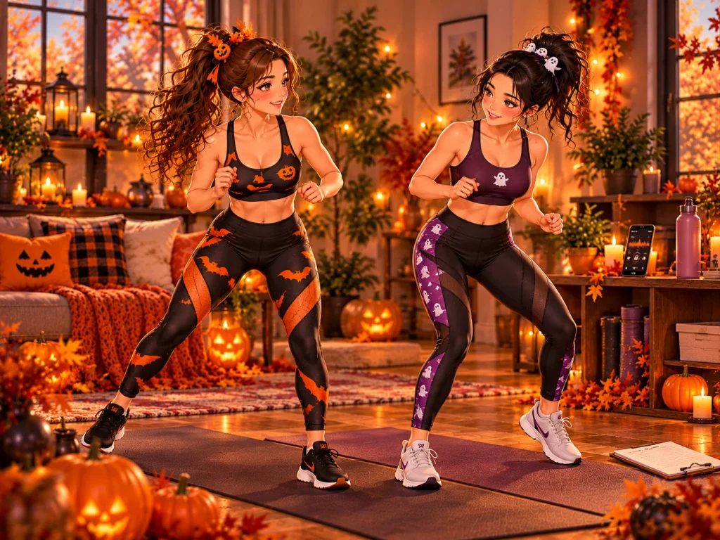 Two anime-style adult friends in comfortable Halloween fitness outfits enjoying a light workout in a cozy autumn-decorated living room.