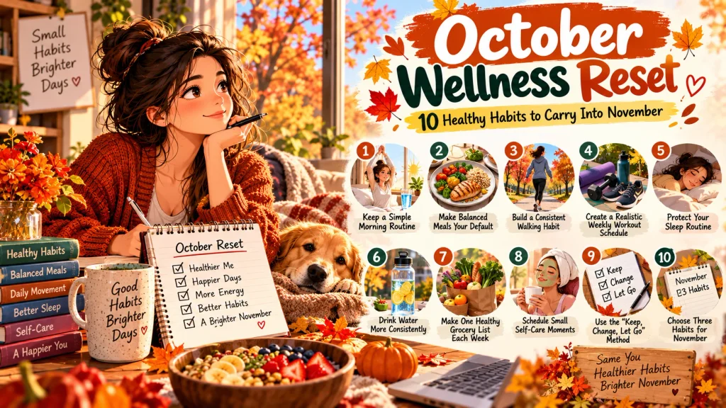 Anime-style October wellness reset featuring 10 healthy habits for November, including balanced meals, walking, workouts, hydration, sleep, groceries, and self-care.