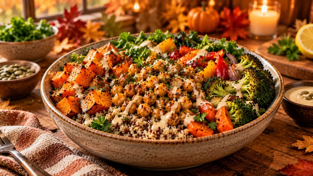 Healthy chickpea and roasted vegetable bowl with greens, quinoa and tahini dressing.