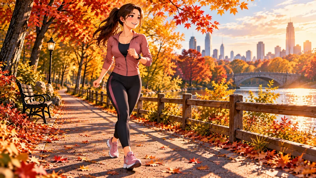 Anime-style beginner doing a fall outdoor walking interval workout on an autumn trail.