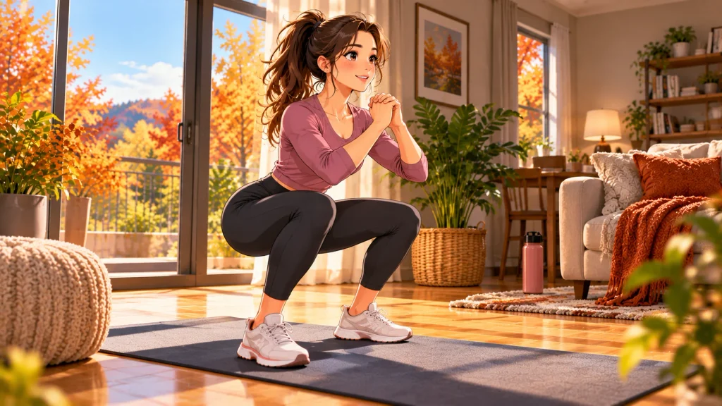 Beginner performing controlled bodyweight squats at home